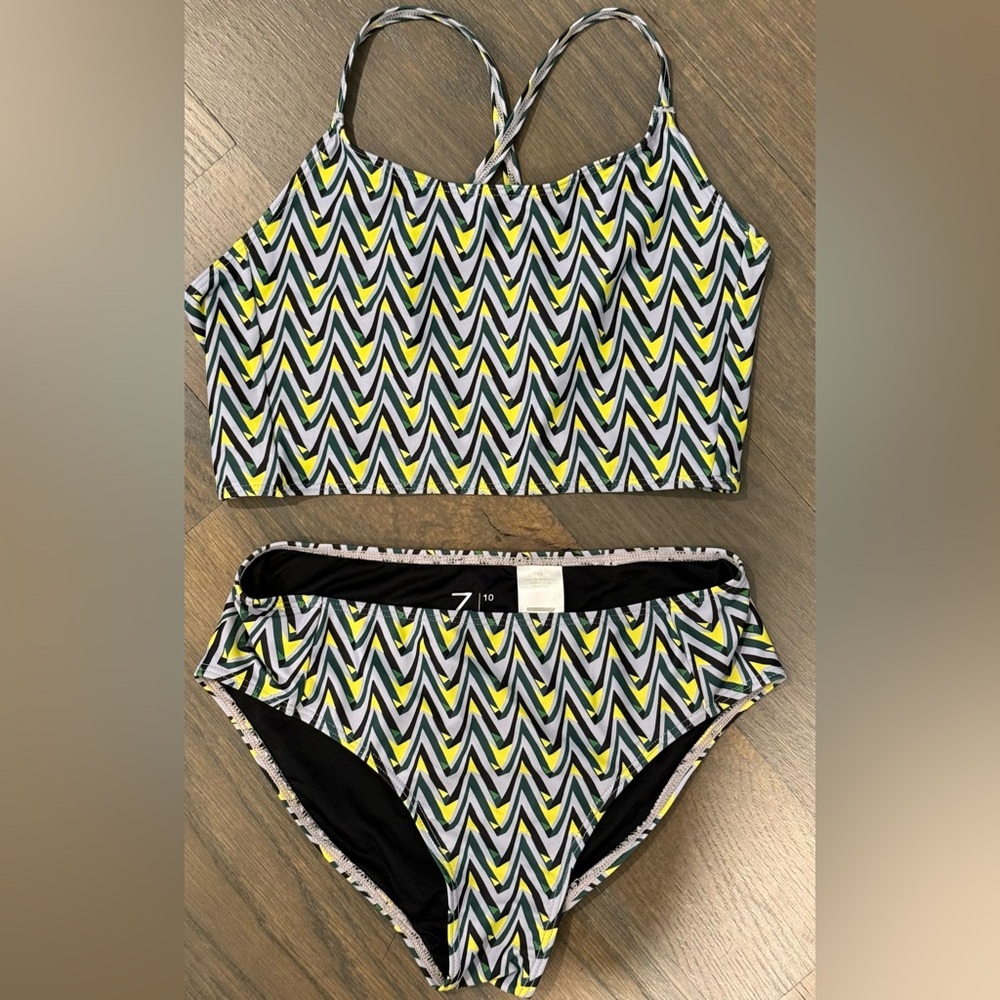 Z by Zella Chevron Bikini Set - Black, White, Green, Yellow, size 10